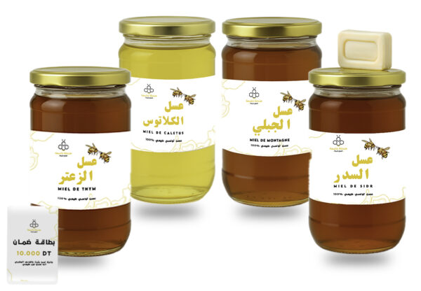 Pack 4+ Essentiel – Coffret avec 4 pots de miel de 1 kg et savon artisanal au miel et cire d’abeille