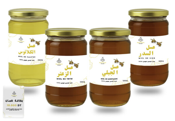 Pack 80 – Coffret de quatre miels de 0,5 kg : Sidr, Jbali, Thym et Klatos