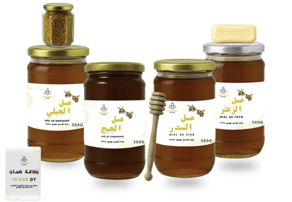Pack 900 – Coffret découverte avec 4 pots de miel 0,5 kg, 100 g de pollen, savon au miel et cuillère en bois